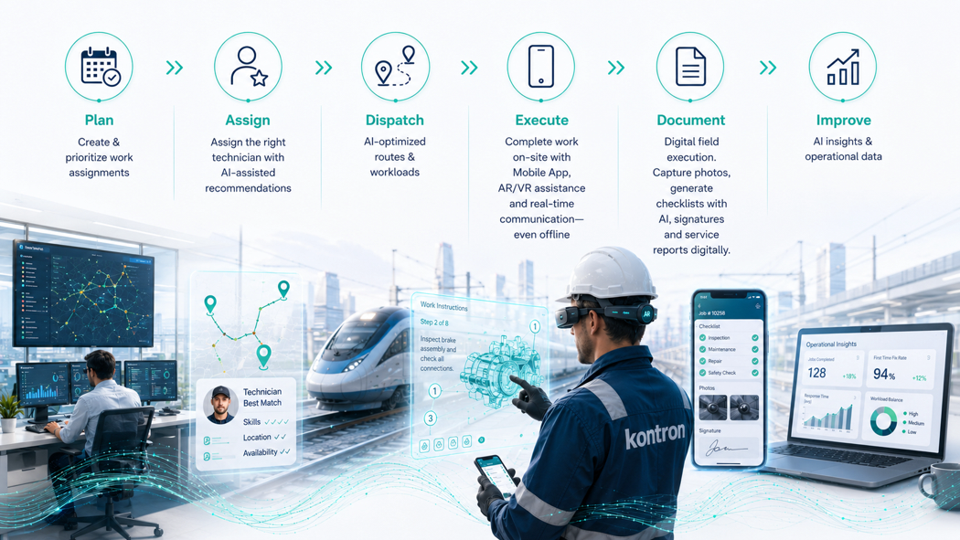 The six-stage Kontron FSM operational workflow, from first call to closed job: Plan (create and prioritize work assignments); Assign (assign the right technician with AI-assisted recommendations); Dispatch (AI-optimized routes and workloads); Execute (complete work on-site with Mobile App, AR/VR assistance and real-time communication—even offline); Document (digital field execution—capture photos, generate checklists with AI, signatures and service reports digitally); and Improve (AI insights and operational data). Background: a dispatcher monitoring live jobs and a field technician using AR-assisted mobile tools trackside.